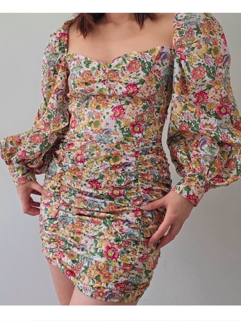 Nasty Gal Floral Ruched Puff Sleeve Mini Dress - Multicolor Garden Print